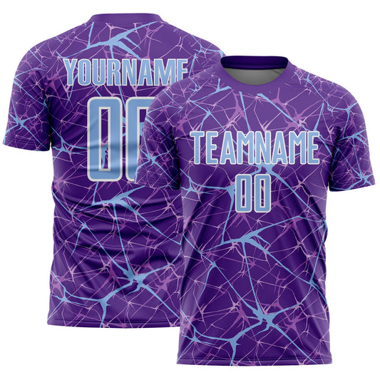 Custom Purple Light Blue-White Abstract Network Crackle Sublimation Soccer Uniform Jersey - Main View