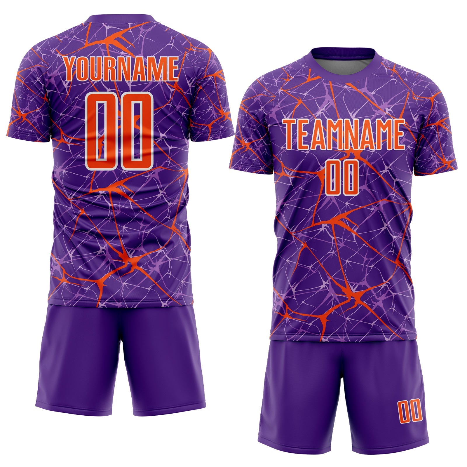Custom Purple Orange-White Abstract Network Crackle Sublimation Soccer Uniform Jersey view 2