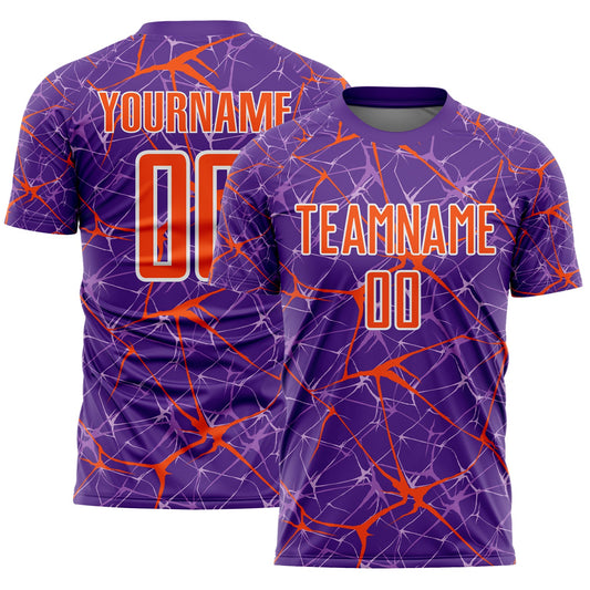 Custom Purple Orange-White Abstract Network Crackle Sublimation Soccer Uniform Jersey - Main View