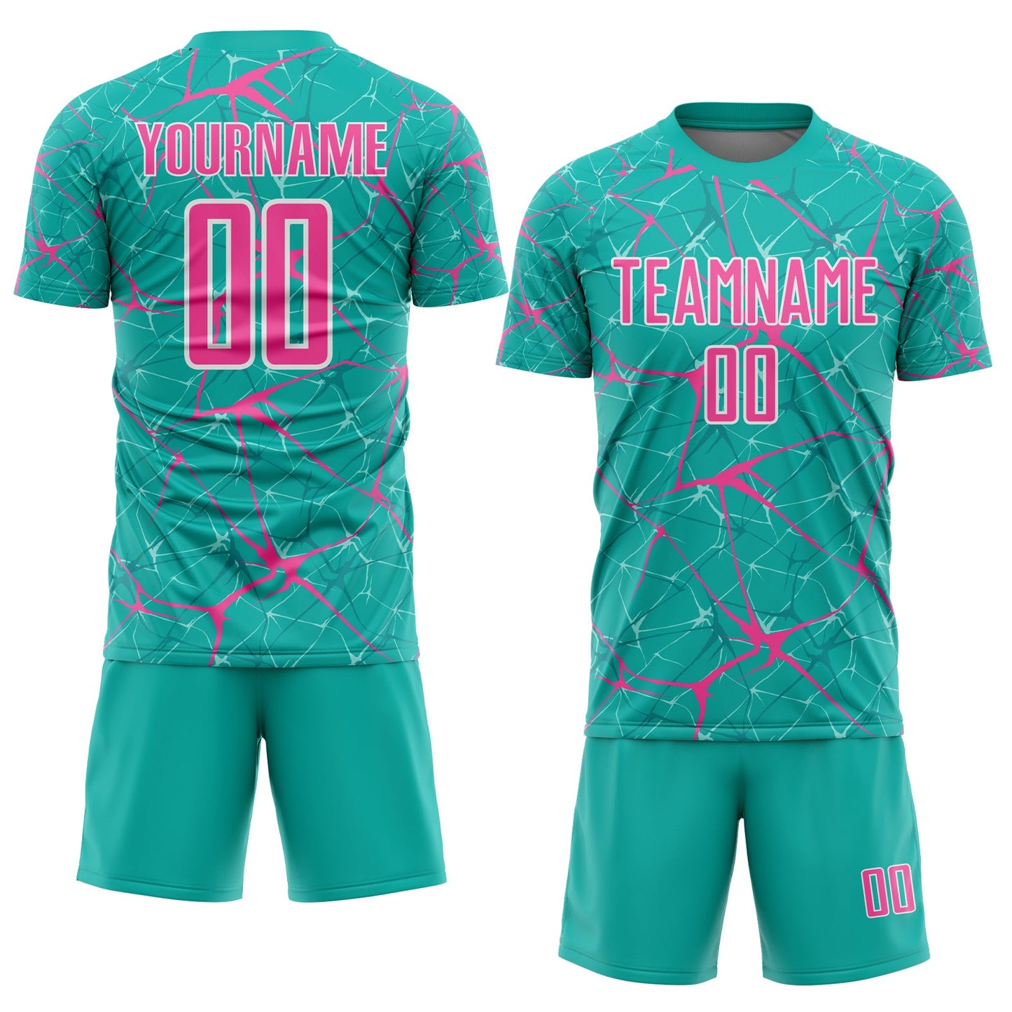 Custom Aqua Pink-White Abstract Network Crackle Sublimation Soccer Uniform Jersey view 2