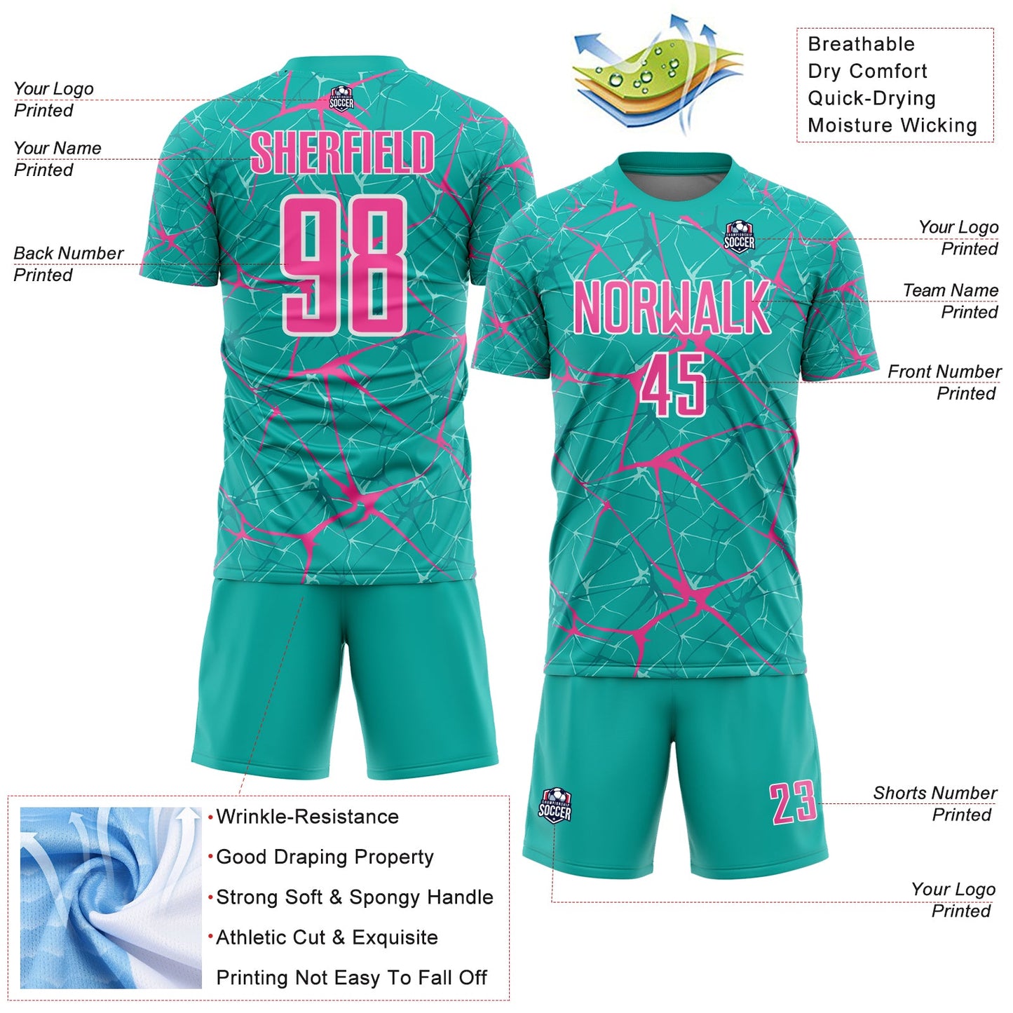 Custom Aqua Pink-White Abstract Network Crackle Sublimation Soccer Uniform Jersey view 4
