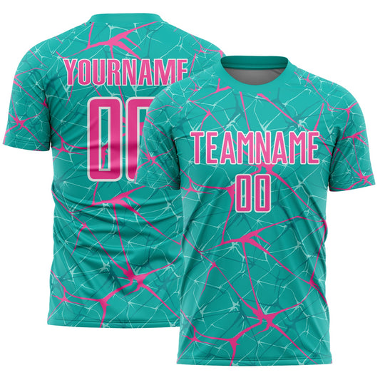 Custom Aqua Pink-White Abstract Network Crackle Sublimation Soccer Uniform Jersey - Main View
