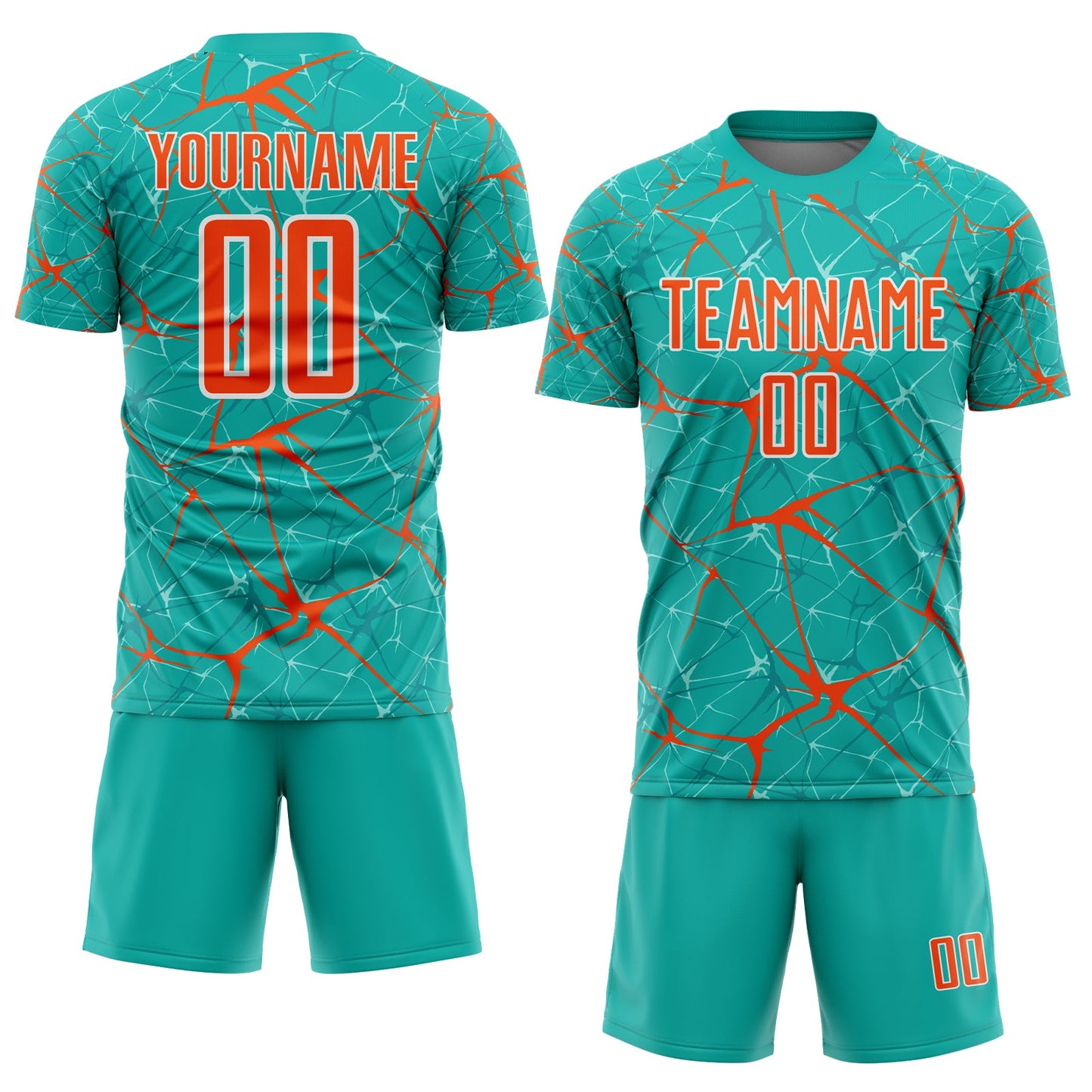 Custom Aqua Orange-White Abstract Network Crackle Sublimation Soccer Uniform Jersey view 2