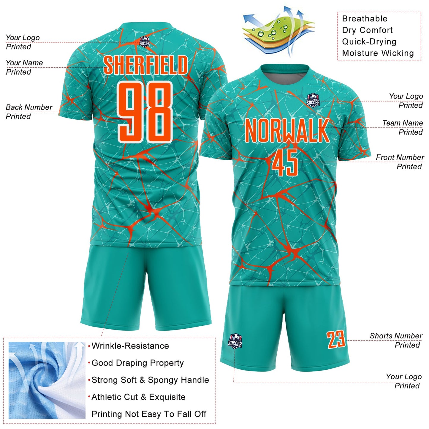 Custom Aqua Orange-White Abstract Network Crackle Sublimation Soccer Uniform Jersey view 4