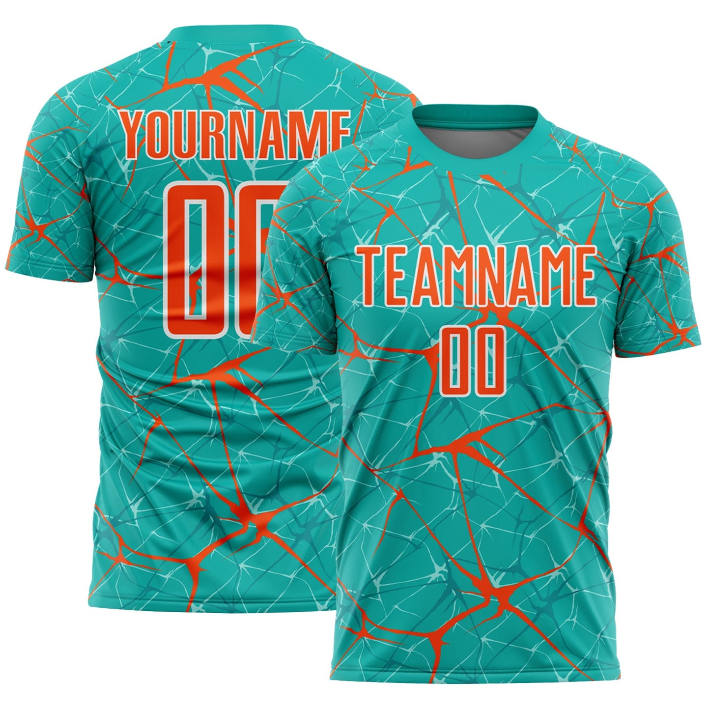 Custom Aqua Orange-White Abstract Network Crackle Sublimation Soccer Uniform Jersey - Main View