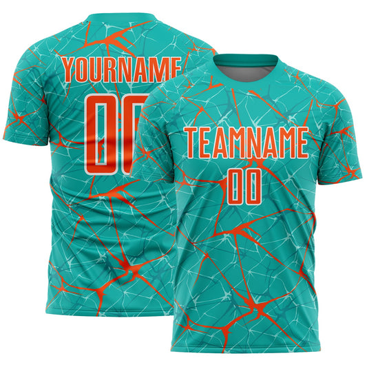 Custom Aqua Orange-White Abstract Network Crackle Sublimation Soccer Uniform Jersey - Main View