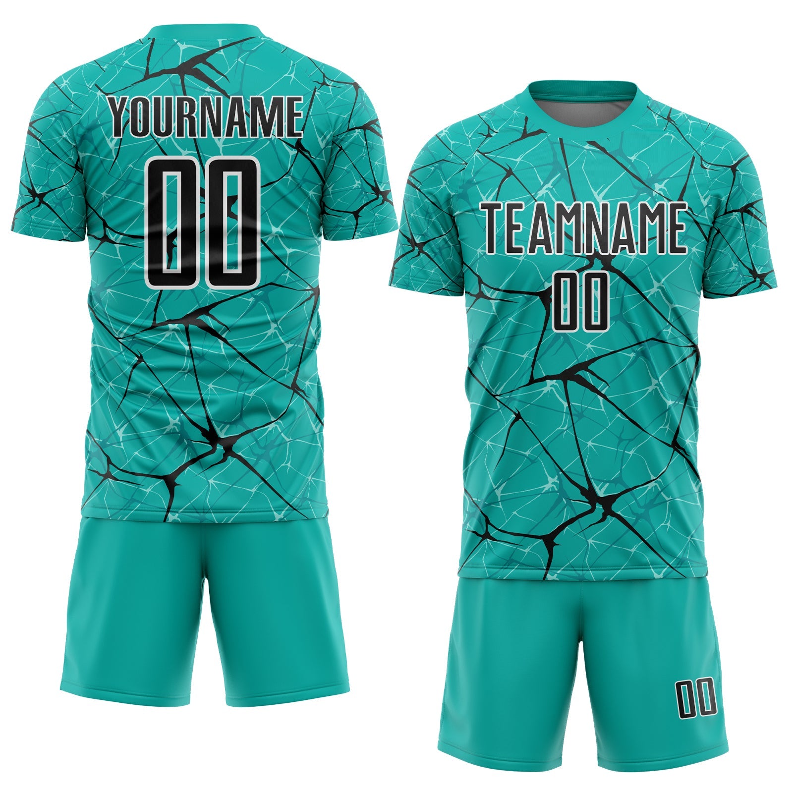 Custom Aqua Black-White Abstract Network Crackle Sublimation Soccer Uniform Jersey view 2