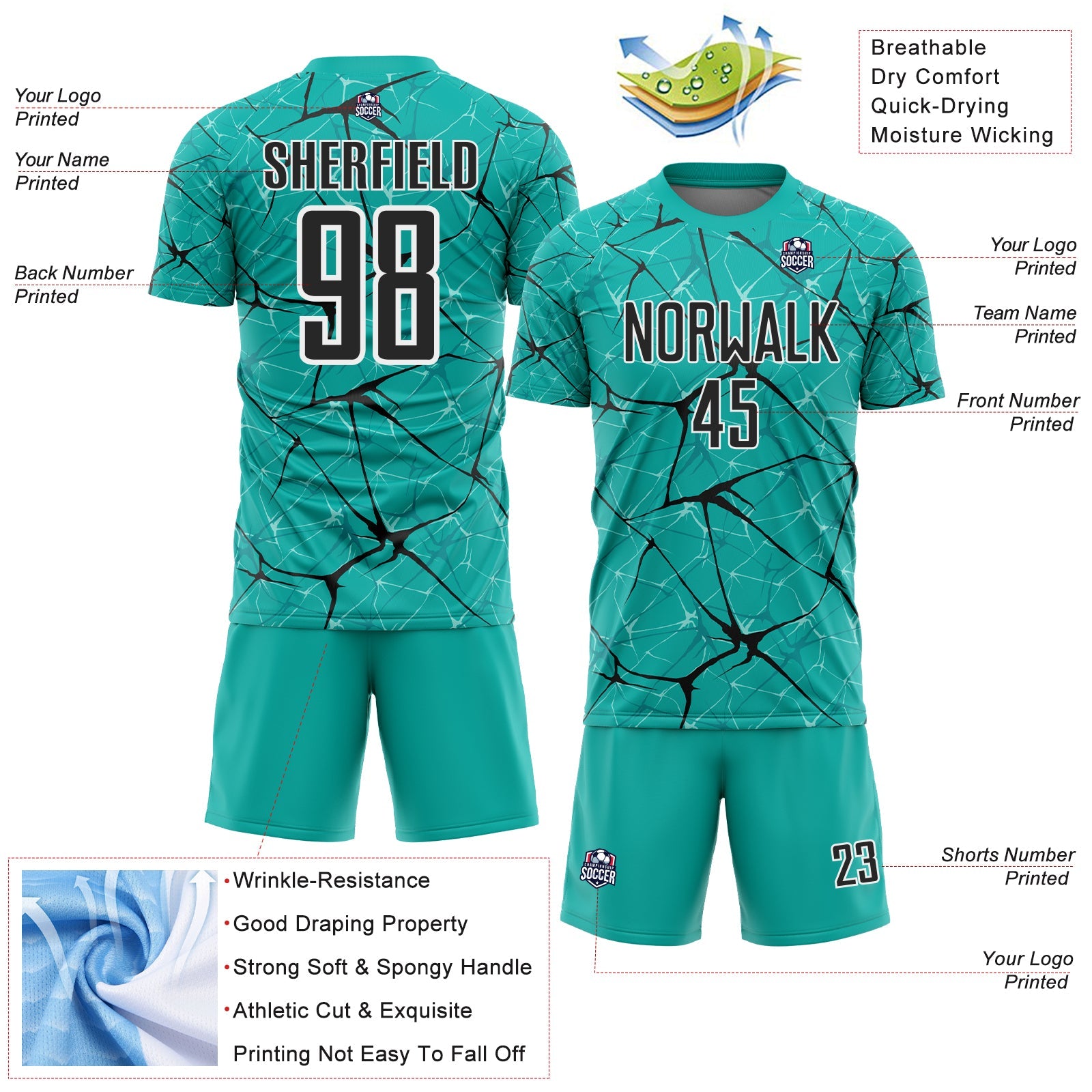 Custom Aqua Black-White Abstract Network Crackle Sublimation Soccer Uniform Jersey view 4