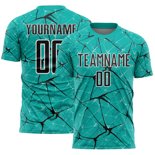 Custom Aqua Black-White Abstract Network Crackle Sublimation Soccer Uniform Jersey - Main View