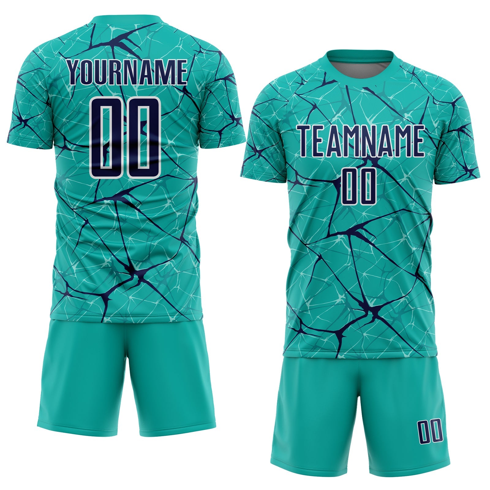 Custom Aqua Navy-White Abstract Network Crackle Sublimation Soccer Uniform Jersey view 2
