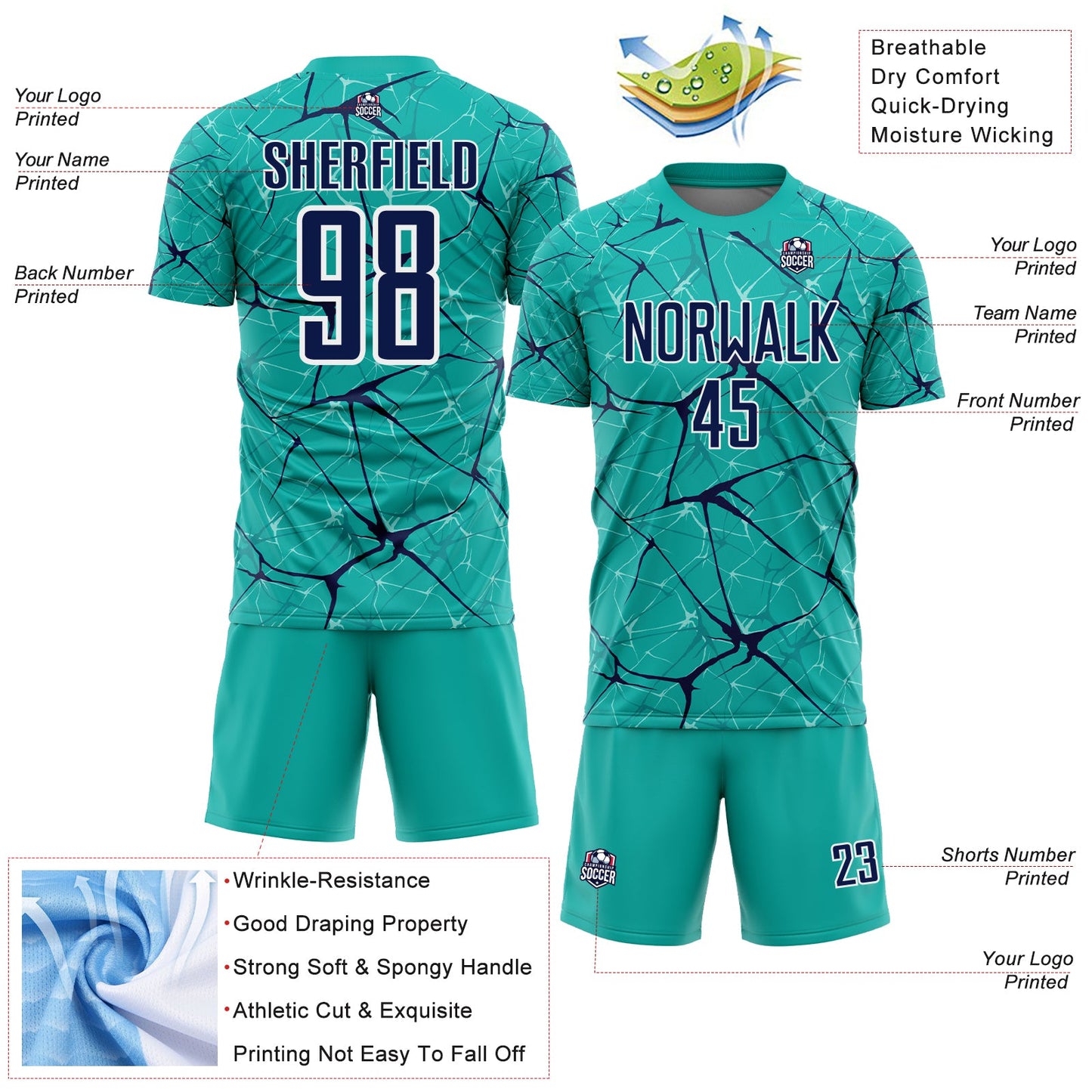 Custom Aqua Navy-White Abstract Network Crackle Sublimation Soccer Uniform Jersey view 4
