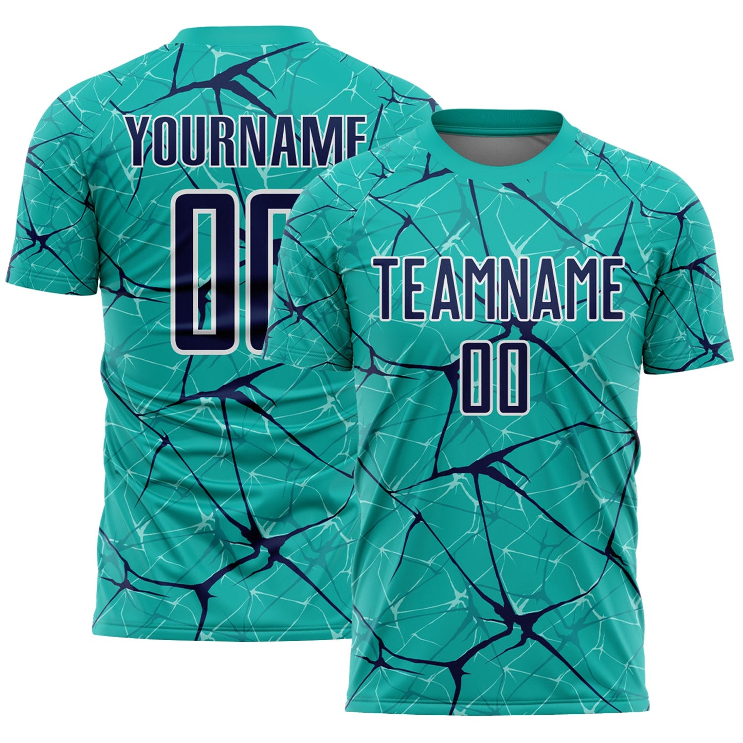 Custom Aqua Navy-White Abstract Network Crackle Sublimation Soccer Uniform Jersey - Main View