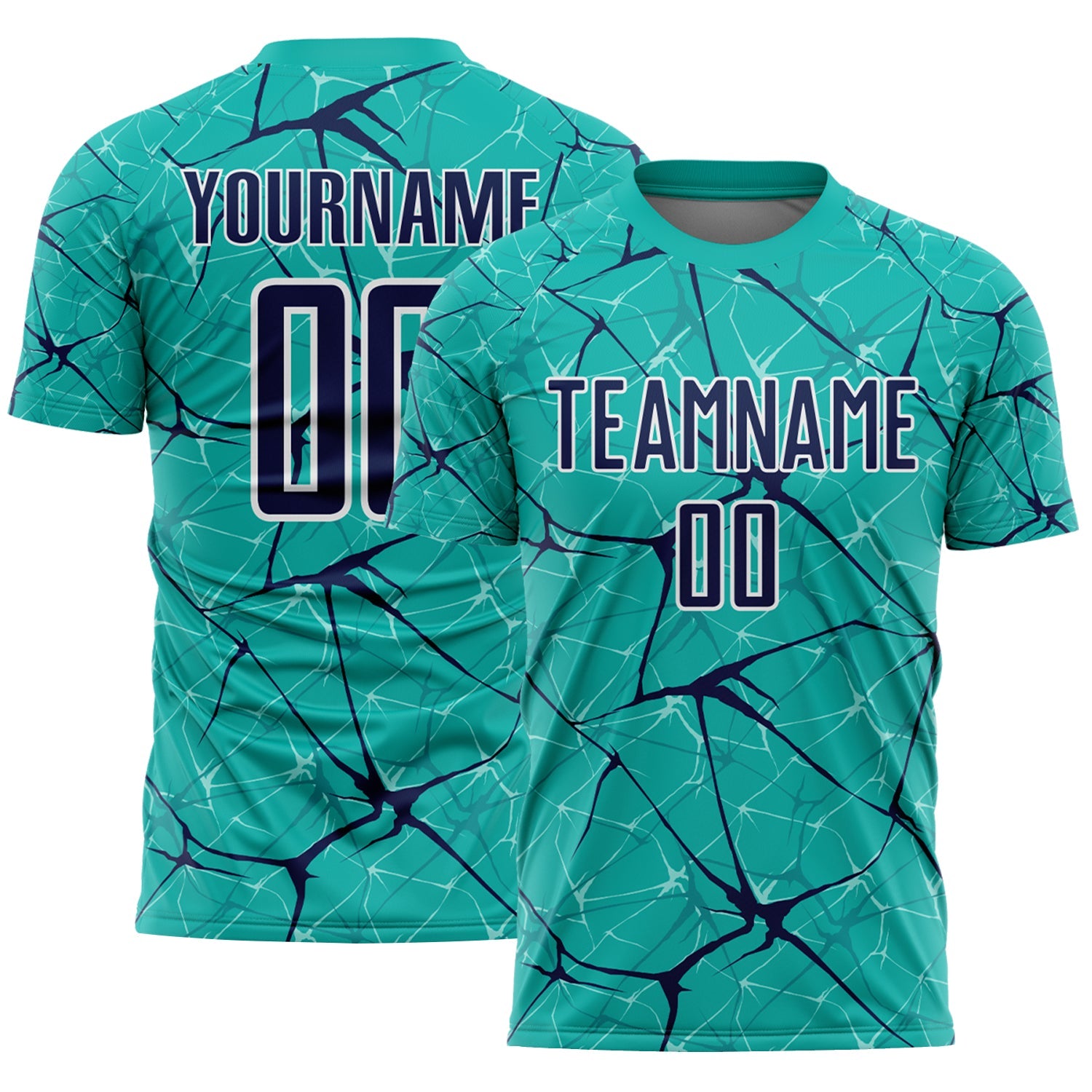Custom Aqua Navy-White Abstract Network Crackle Sublimation Soccer Uniform Jersey - Main View