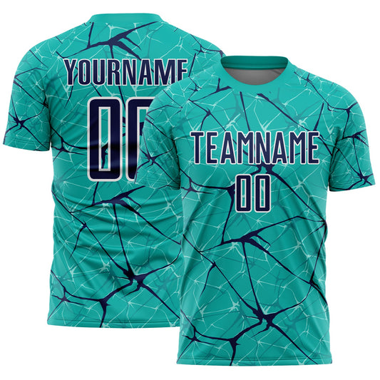 Custom Aqua Navy-White Abstract Network Crackle Sublimation Soccer Uniform Jersey - Main View