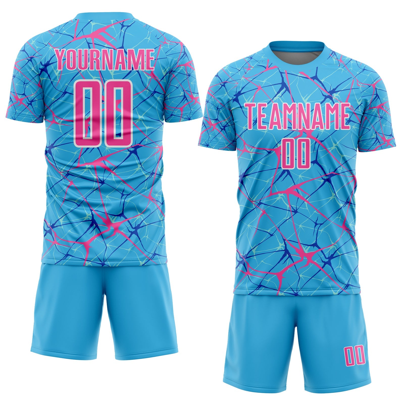 Custom Sky Blue Pink-White Abstract Network Crackle Sublimation Soccer Uniform Jersey view 2