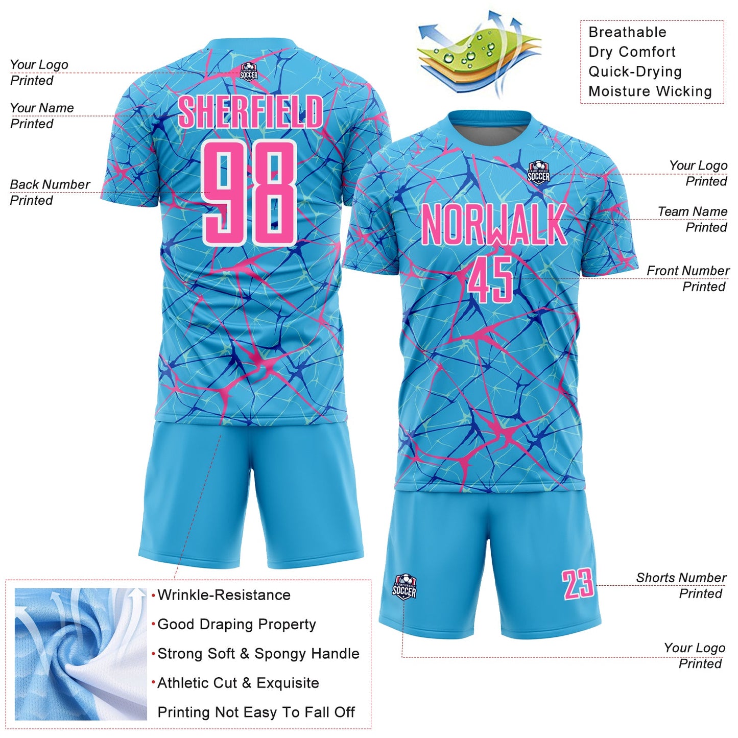 Custom Sky Blue Pink-White Abstract Network Crackle Sublimation Soccer Uniform Jersey view 4