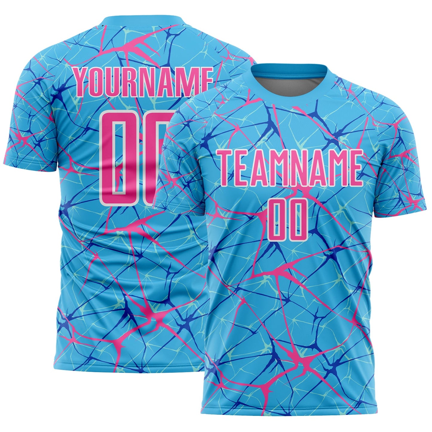 Custom Sky Blue Pink-White Abstract Network Crackle Sublimation Soccer Uniform Jersey - Main View