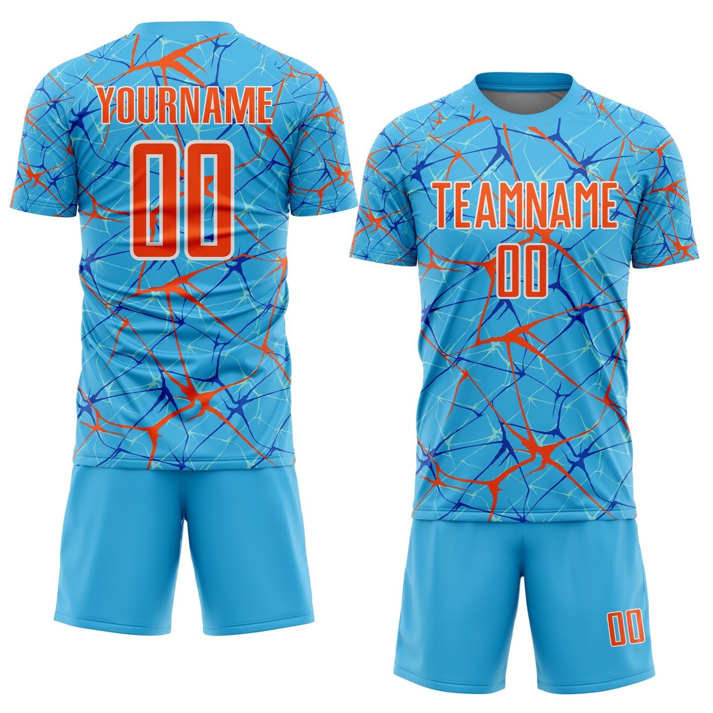 Custom Sky Blue Orange-White Abstract Network Crackle Sublimation Soccer Uniform Jersey view 2