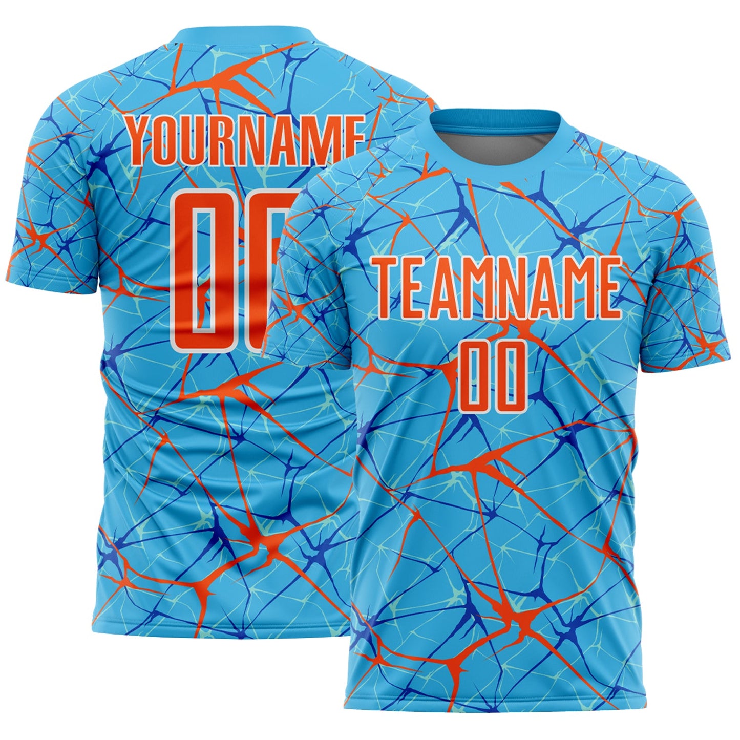 Custom Sky Blue Orange-White Abstract Network Crackle Sublimation Soccer Uniform Jersey - Main View
