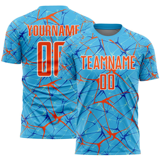Custom Sky Blue Orange-White Abstract Network Crackle Sublimation Soccer Uniform Jersey - Main View