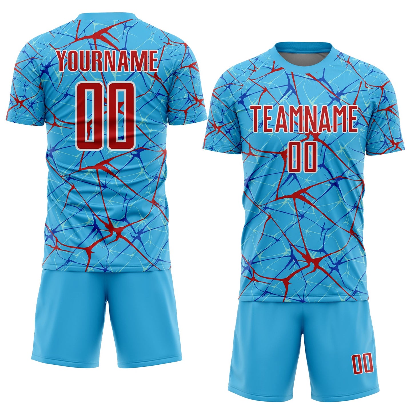 Custom Sky Blue Red-White Abstract Network Crackle Sublimation Soccer Uniform Jersey view 2
