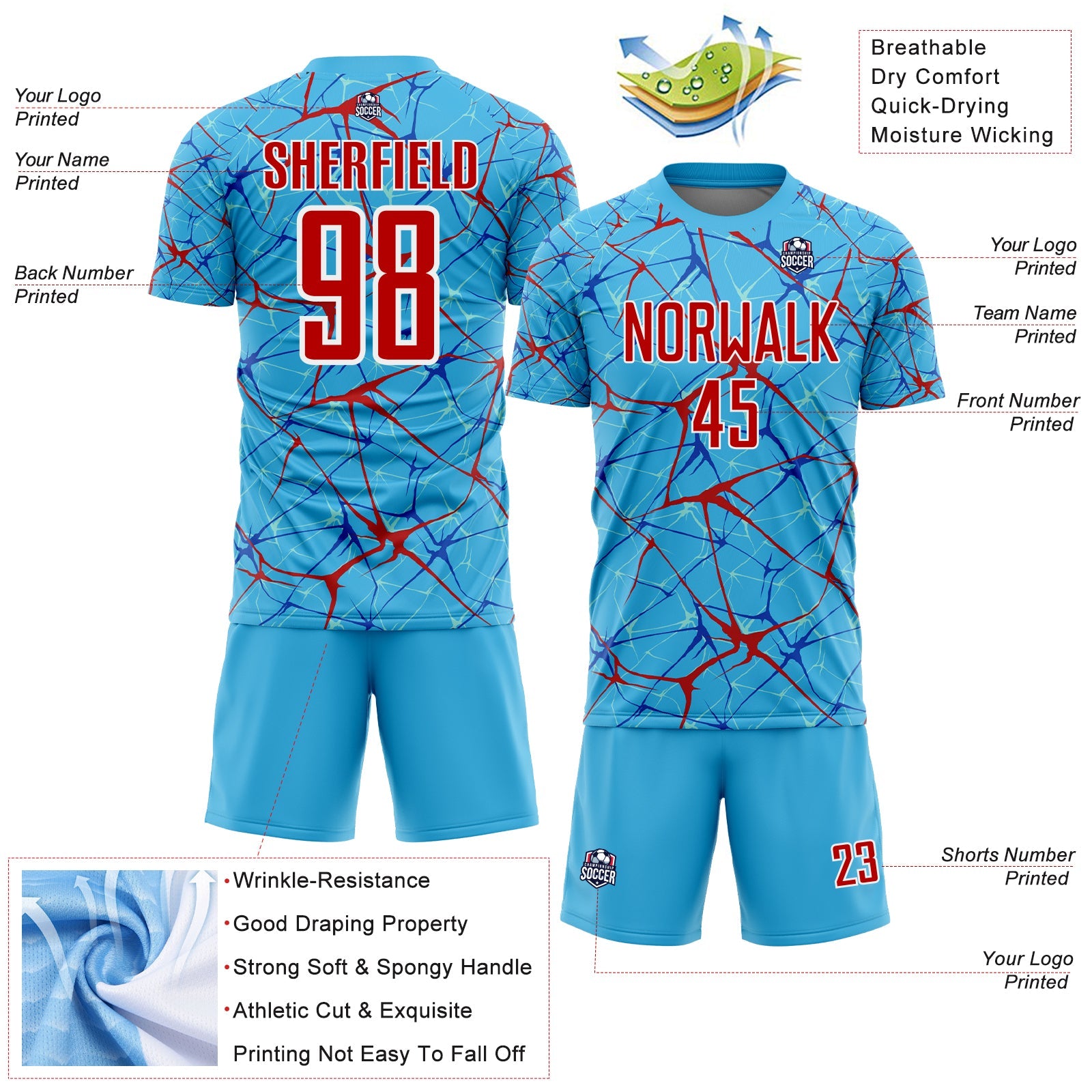 Custom Sky Blue Red-White Abstract Network Crackle Sublimation Soccer Uniform Jersey view 4