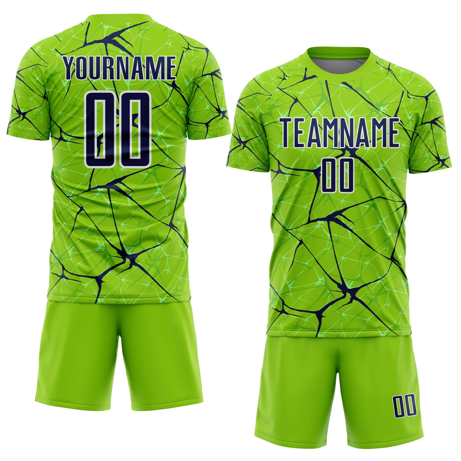 Custom Neon Green Navy-White Abstract Network Crackle Sublimation Soccer Uniform Jersey view 2