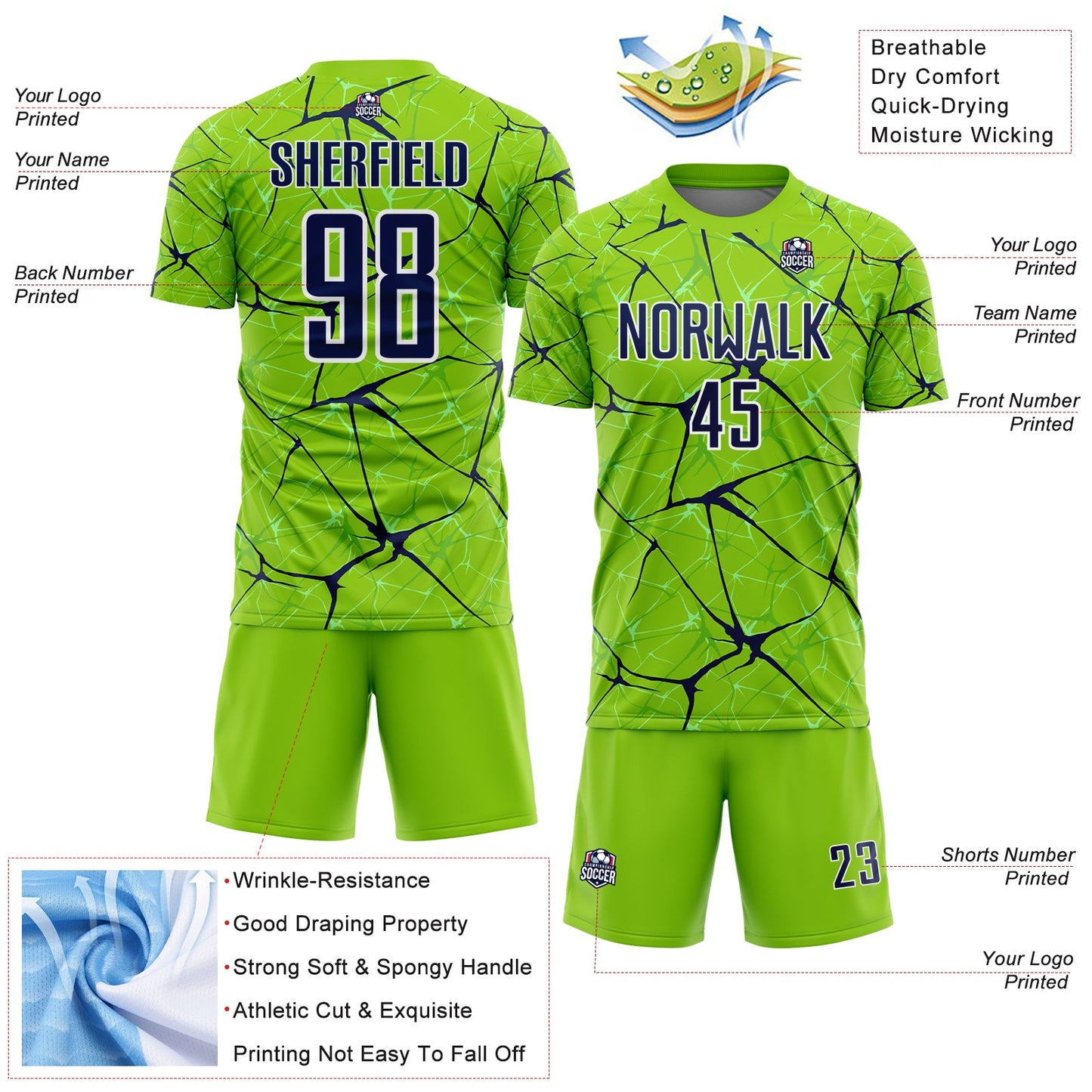 Custom Neon Green Navy-White Abstract Network Crackle Sublimation Soccer Uniform Jersey view 4