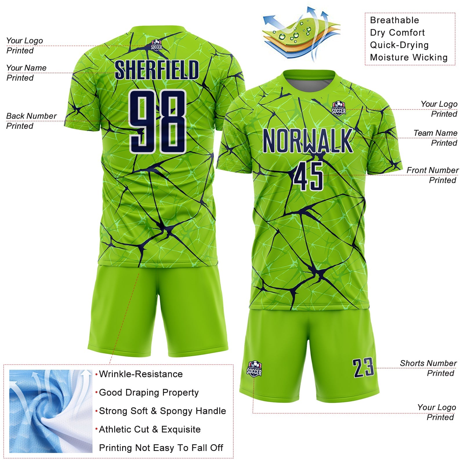 Custom Neon Green Navy-White Abstract Network Crackle Sublimation Soccer Uniform Jersey view 4