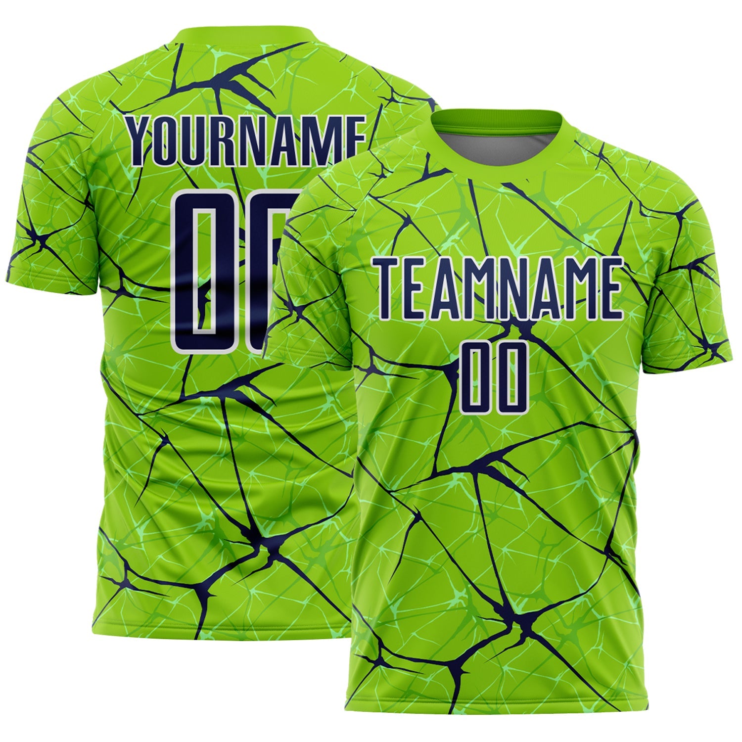 Custom Neon Green Navy-White Abstract Network Crackle Sublimation Soccer Uniform Jersey - Main View
