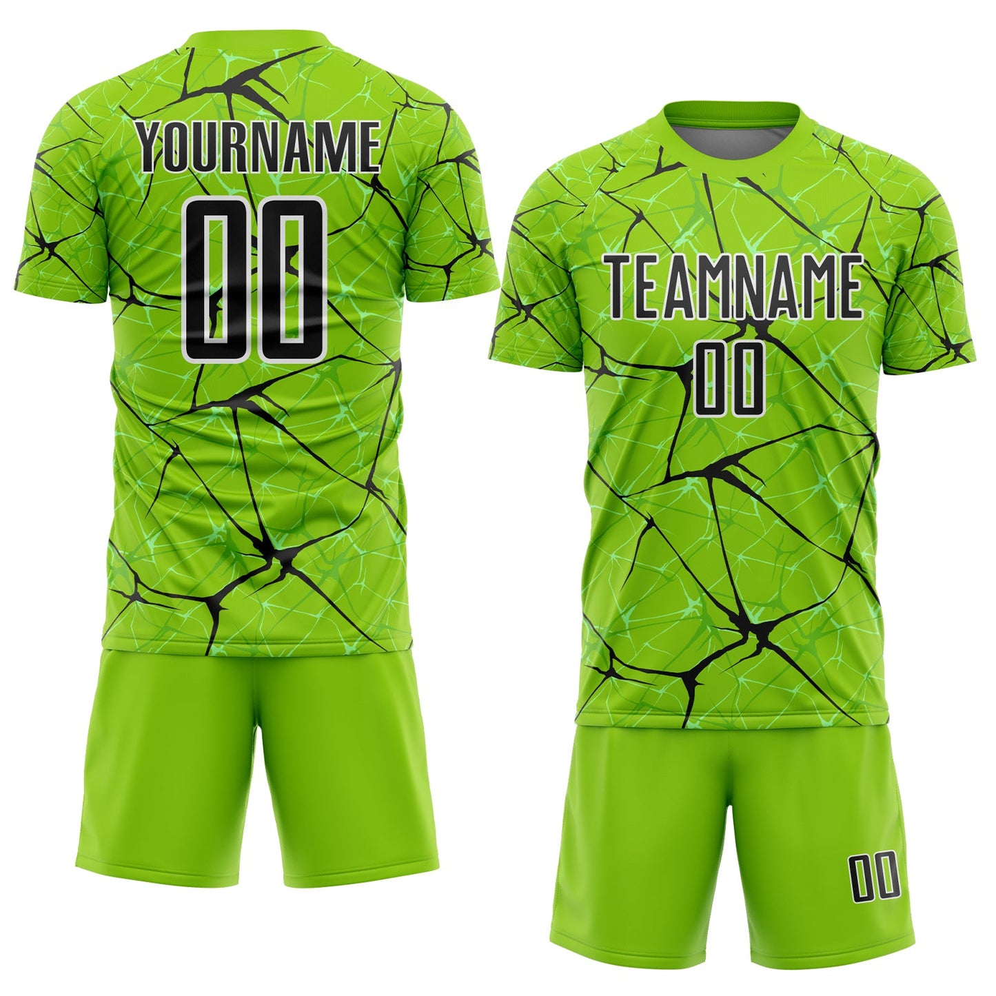 Custom Neon Green Black-White Abstract Network Crackle Sublimation Soccer Uniform Jersey view 2