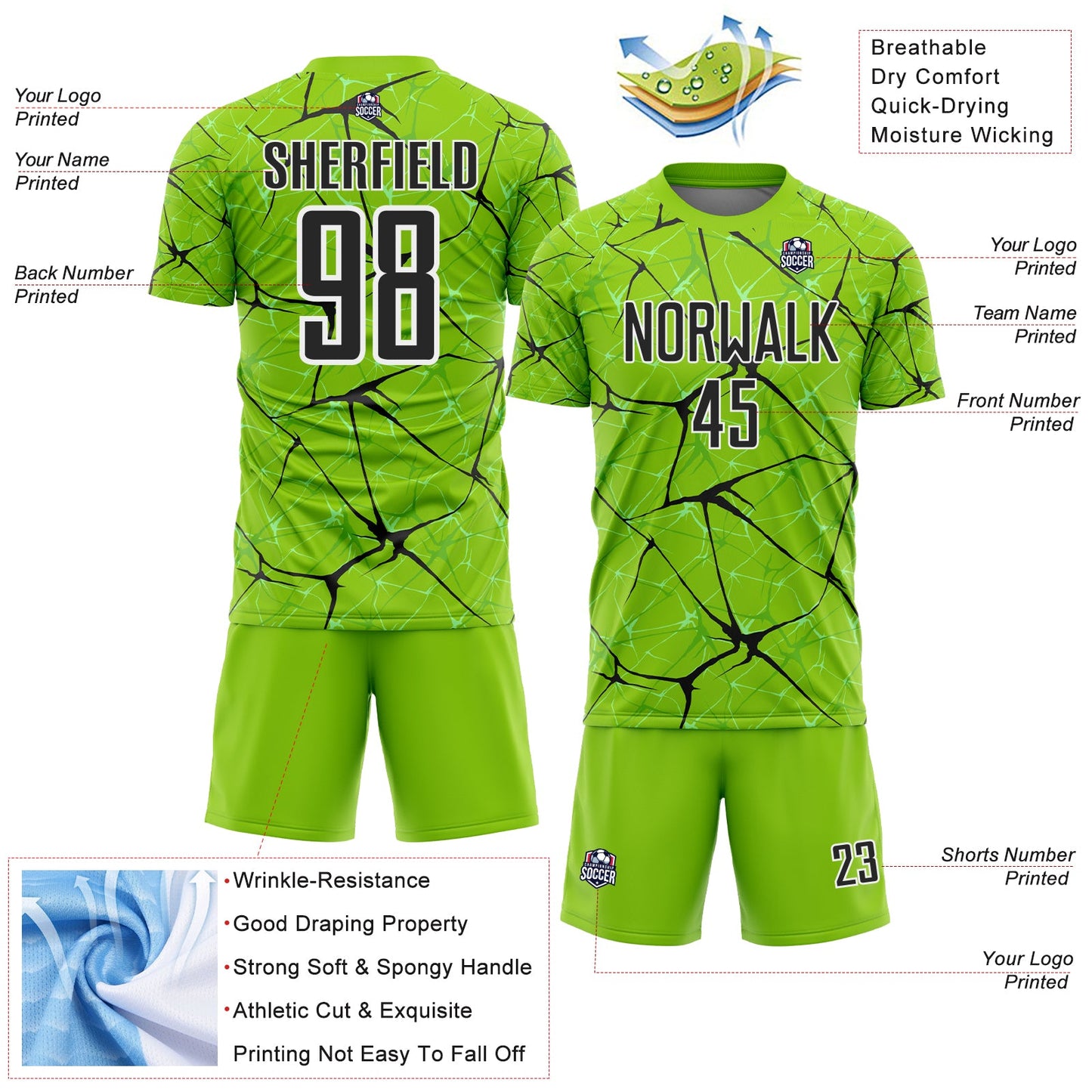 Custom Neon Green Black-White Abstract Network Crackle Sublimation Soccer Uniform Jersey view 4