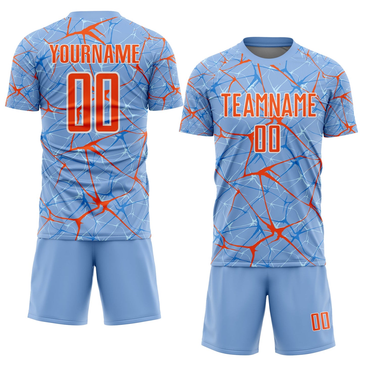 Custom Light Blue Orange-White Abstract Network Crackle Sublimation Soccer Uniform Jersey view 2