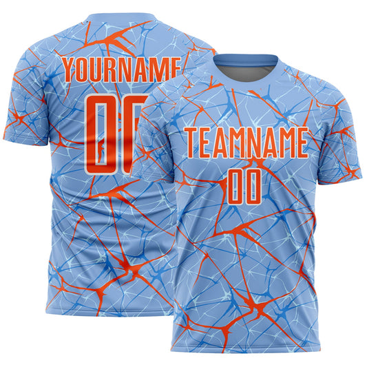 Custom Light Blue Orange-White Abstract Network Crackle Sublimation Soccer Uniform Jersey - Main View