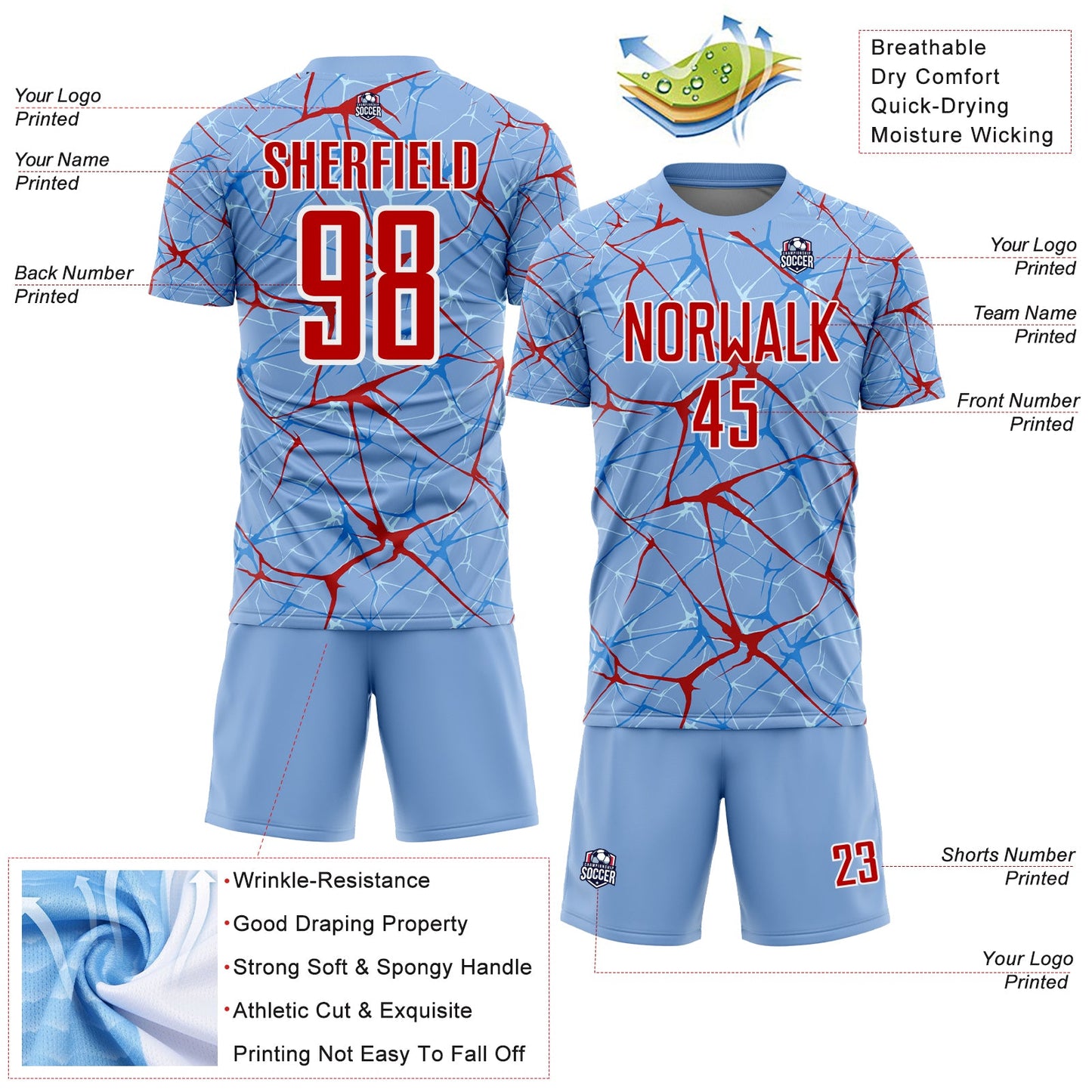 Custom Light Blue Red-White Abstract Network Crackle Sublimation Soccer Uniform Jersey view 4