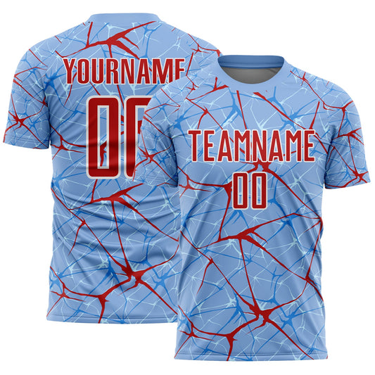 Custom Light Blue Red-White Abstract Network Crackle Sublimation Soccer Uniform Jersey - Main View