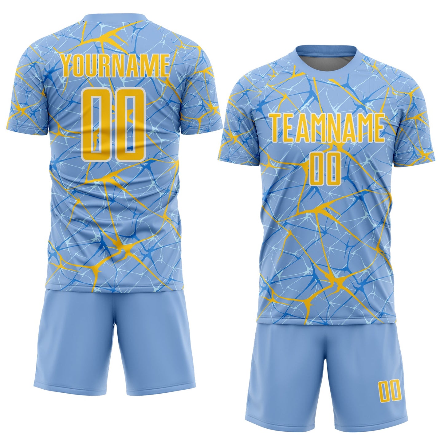 Custom Light Blue Yellow-White Abstract Network Crackle Sublimation Soccer Uniform Jersey view 2