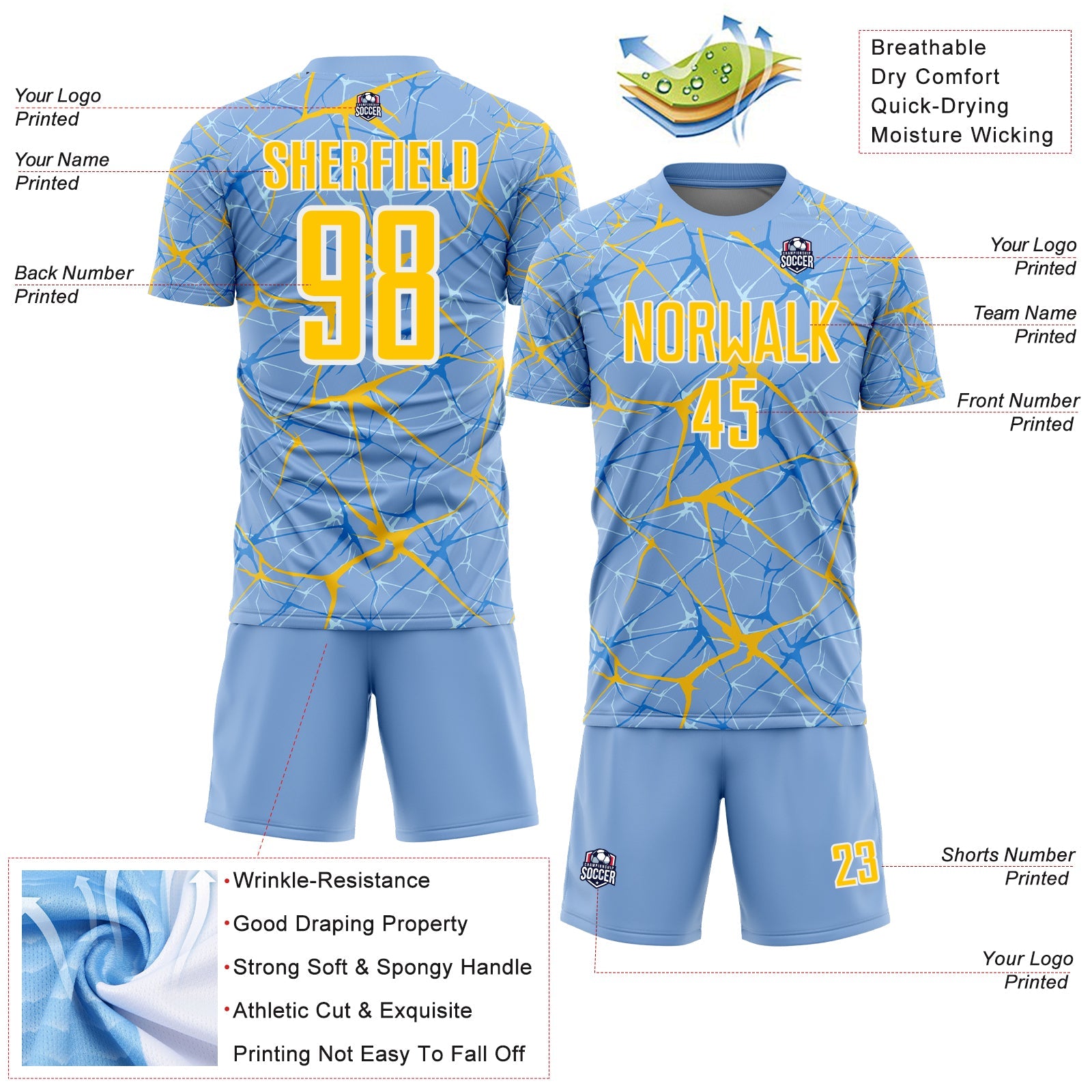 Custom Light Blue Yellow-White Abstract Network Crackle Sublimation Soccer Uniform Jersey view 4