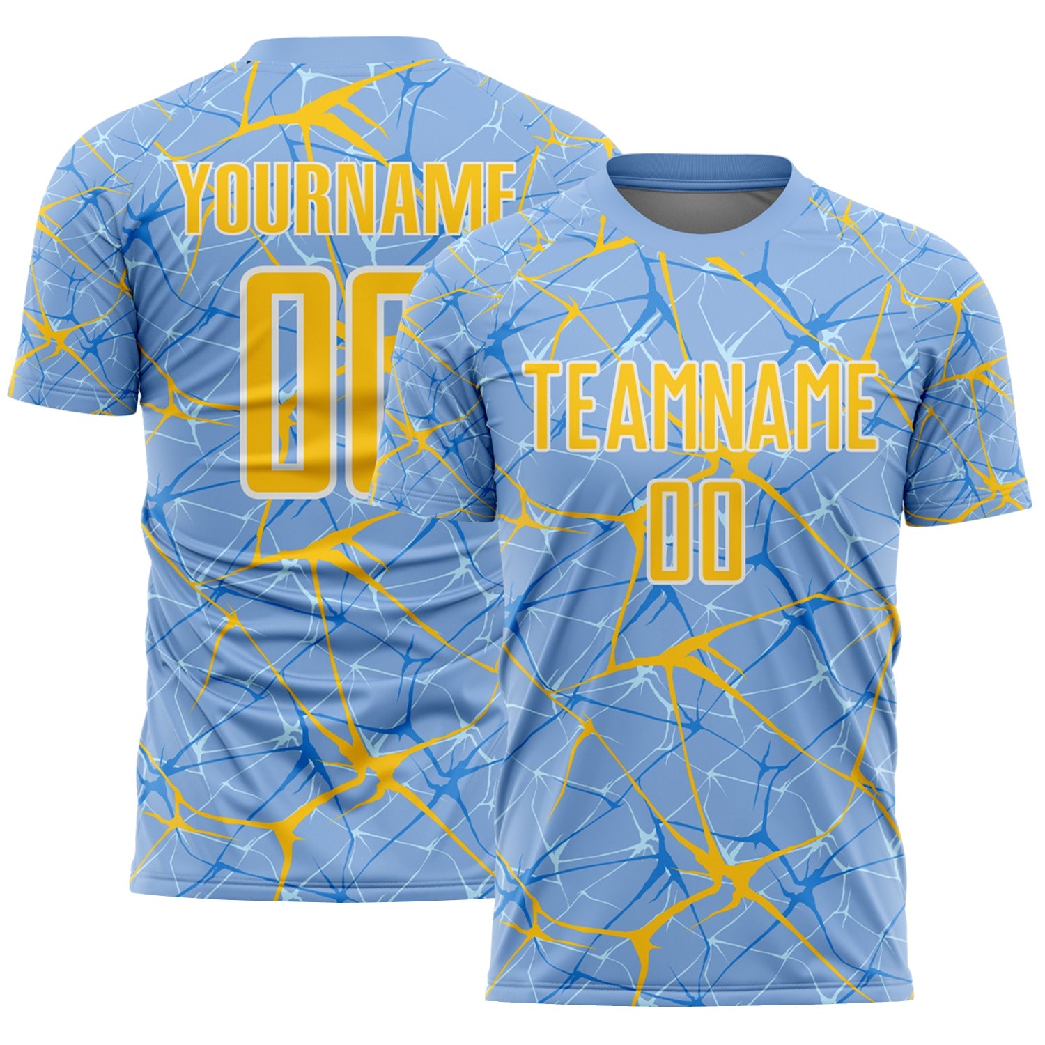 Custom Light Blue Yellow-White Abstract Network Crackle Sublimation Soccer Uniform Jersey - Main View