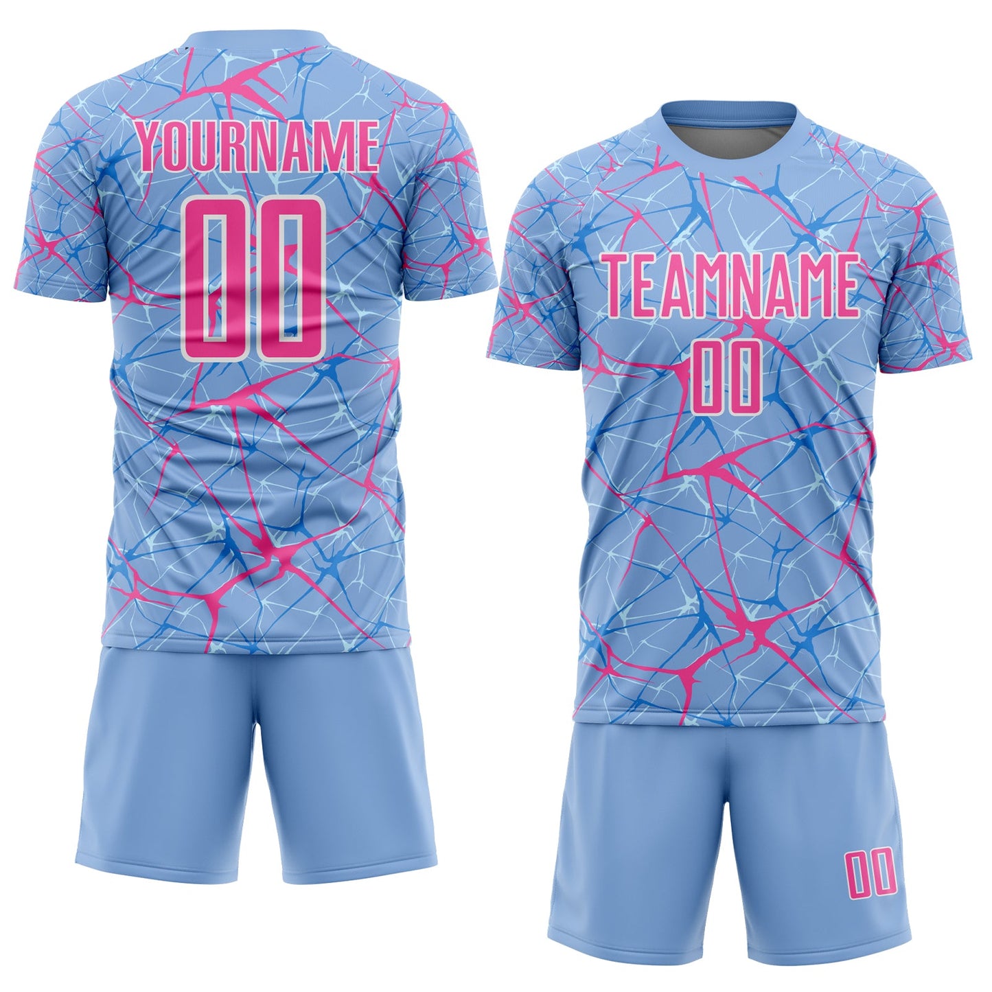 Custom Light Blue Pink-White Abstract Network Crackle Sublimation Soccer Uniform Jersey view 2