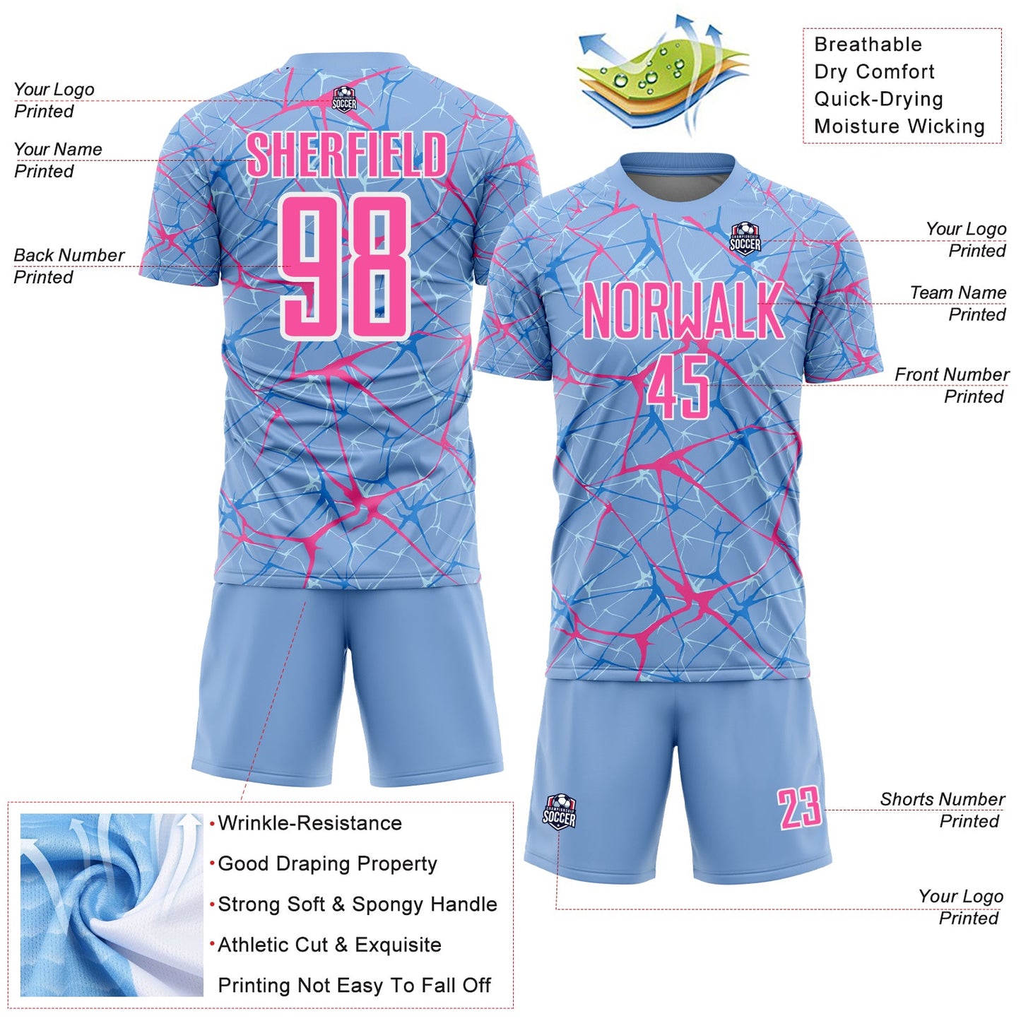 Custom Light Blue Pink-White Abstract Network Crackle Sublimation Soccer Uniform Jersey view 4