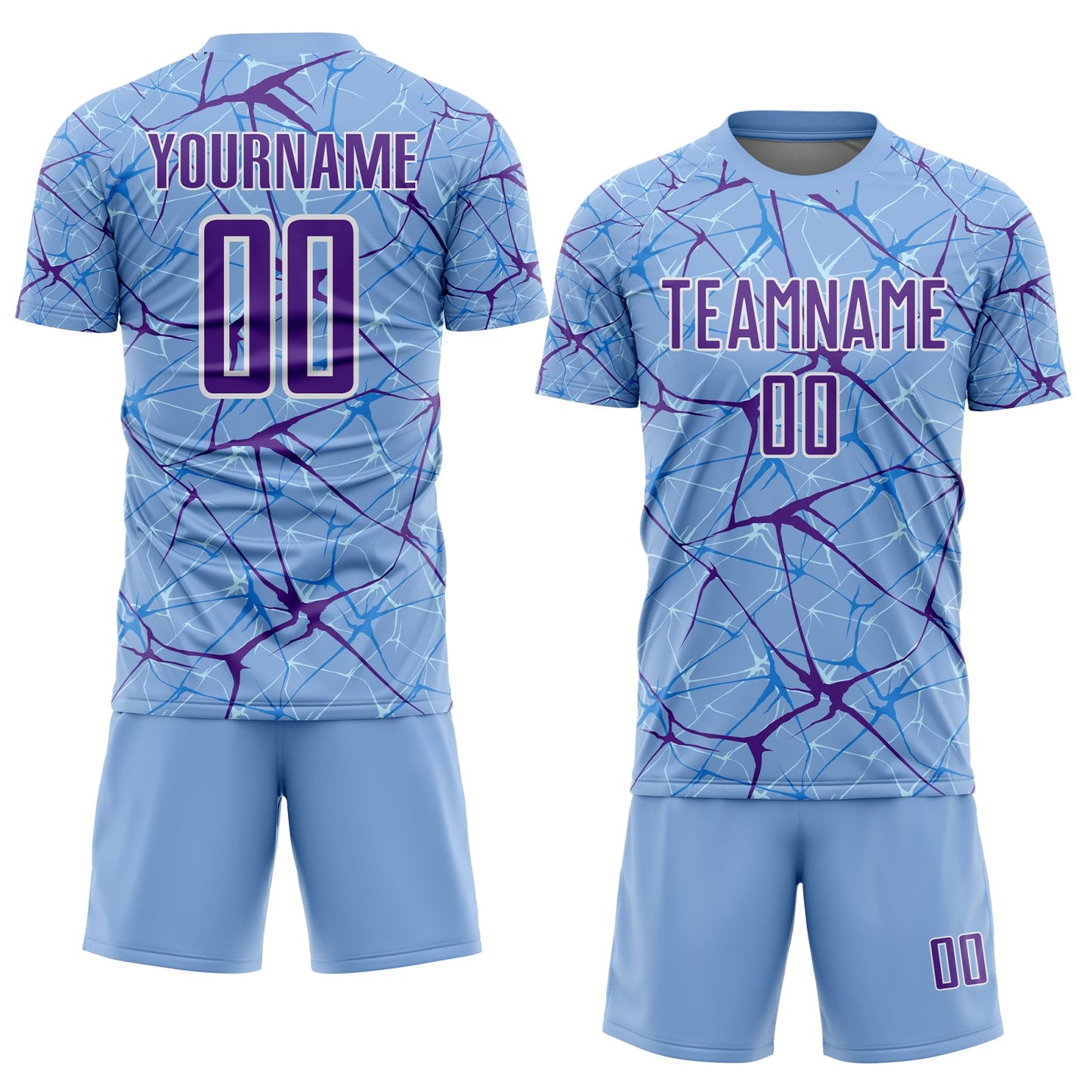 Custom Light Blue Purple-White Abstract Network Crackle Sublimation Soccer Uniform Jersey view 2