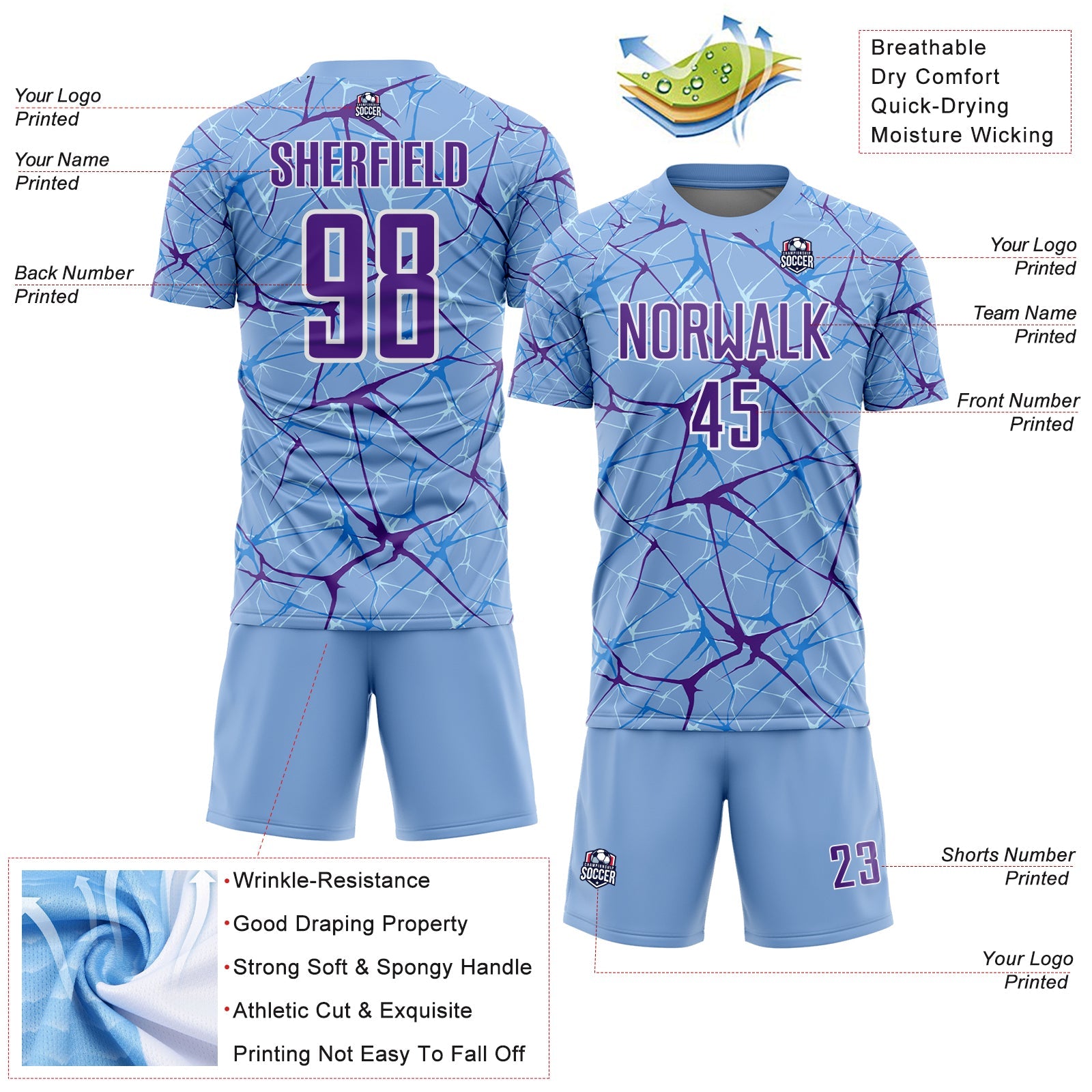 Custom Light Blue Purple-White Abstract Network Crackle Sublimation Soccer Uniform Jersey view 4