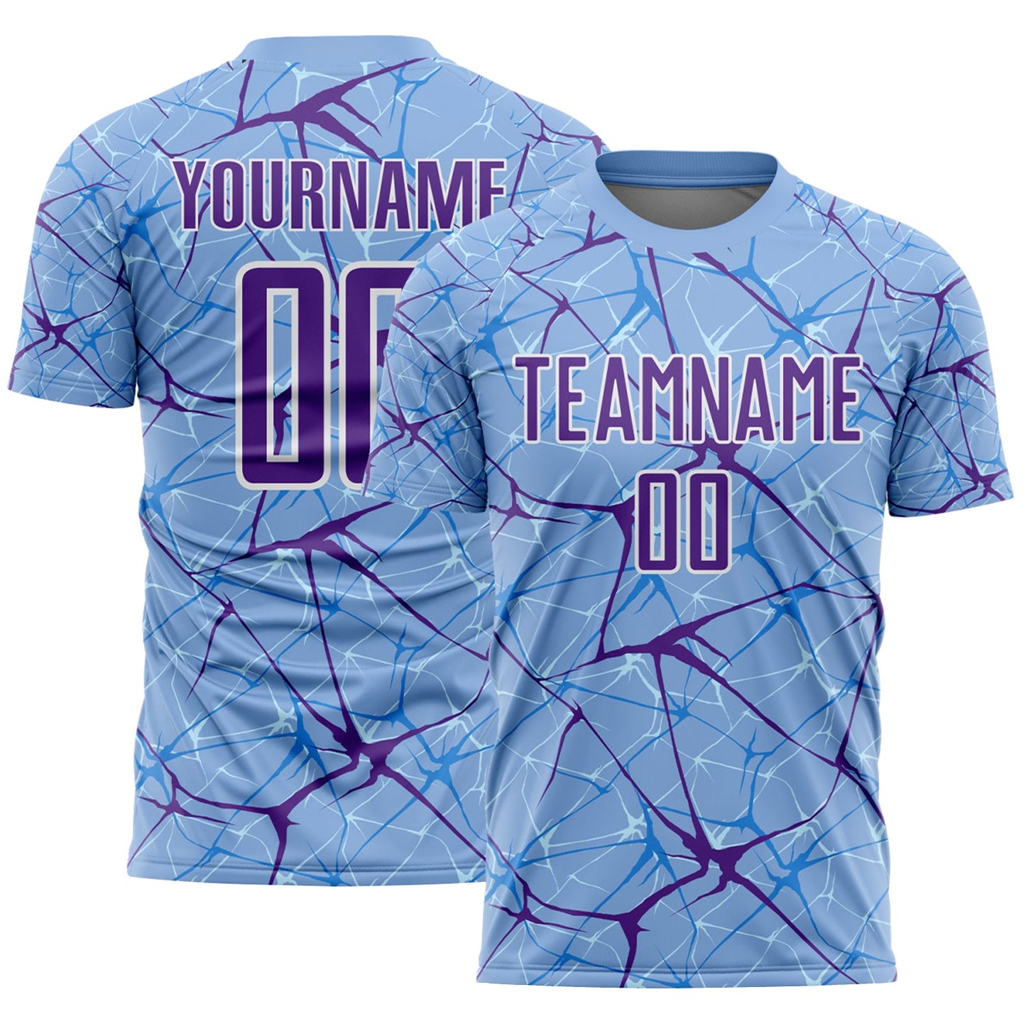 Custom Light Blue Purple-White Abstract Network Crackle Sublimation Soccer Uniform Jersey - Main View