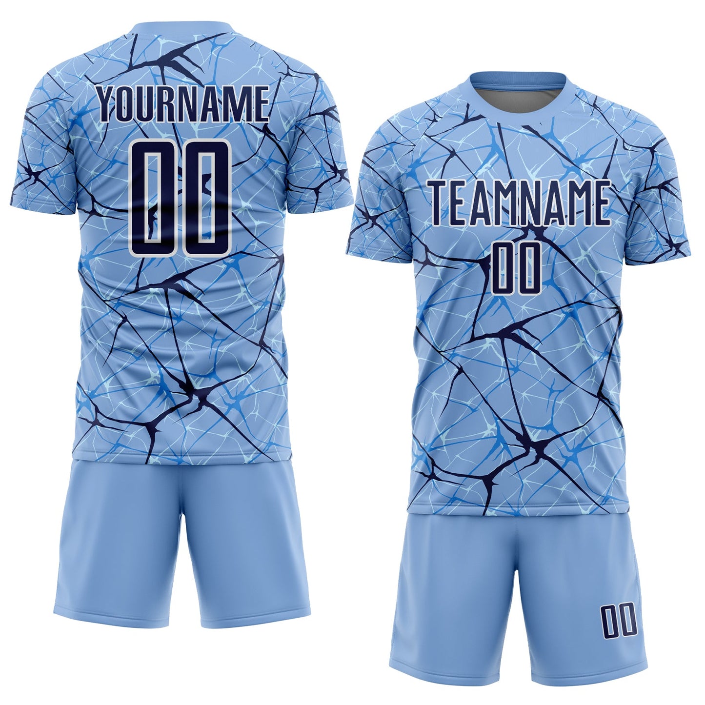 Custom Light Blue Navy-White Abstract Network Crackle Sublimation Soccer Uniform Jersey view 2