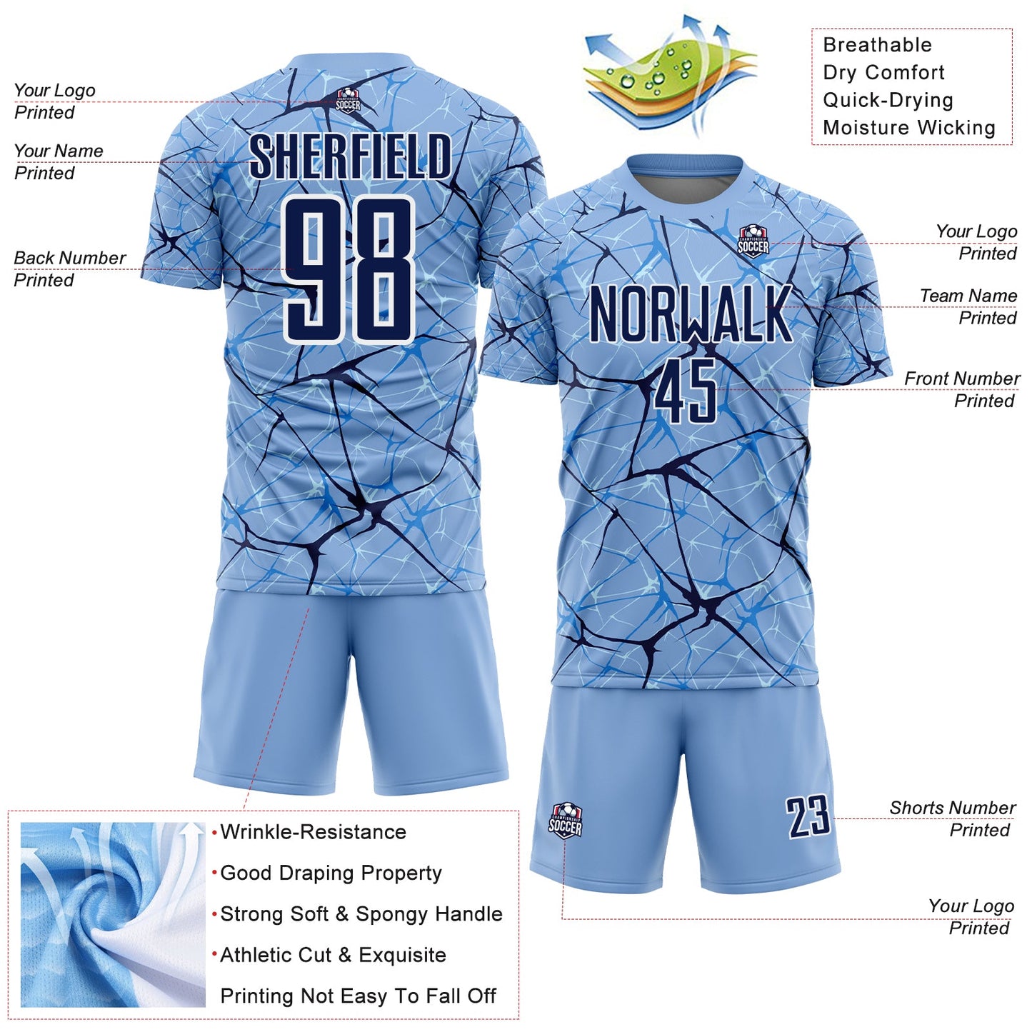 Custom Light Blue Navy-White Abstract Network Crackle Sublimation Soccer Uniform Jersey view 4