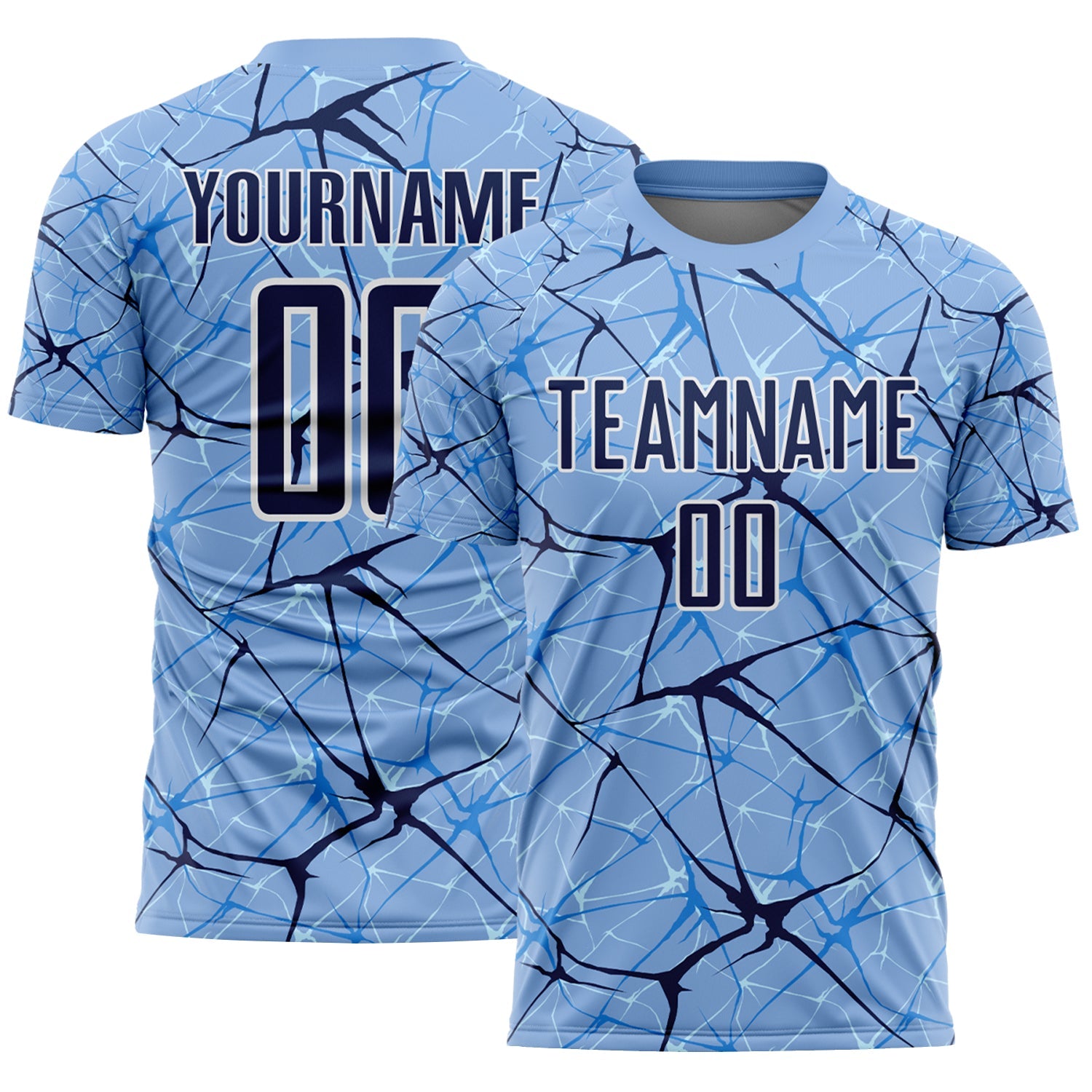 Custom Light Blue Navy-White Abstract Network Crackle Sublimation Soccer Uniform Jersey - Main View