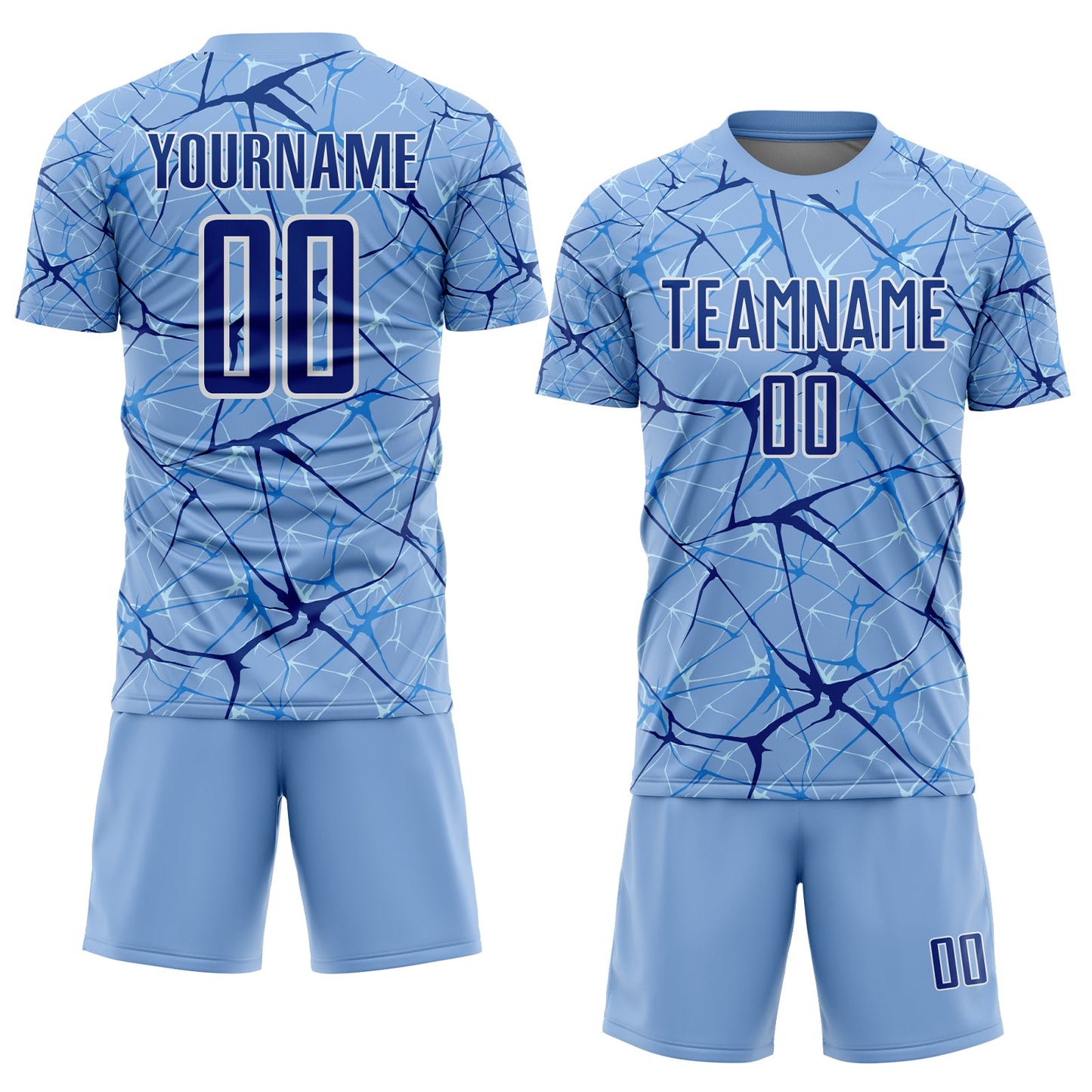Custom Light Blue Royal-White Abstract Network Crackle Sublimation Soccer Uniform Jersey view 2