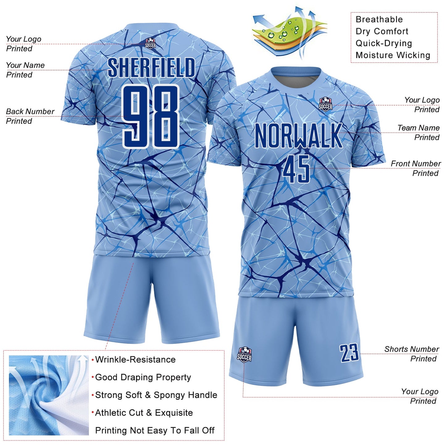 Custom Light Blue Royal-White Abstract Network Crackle Sublimation Soccer Uniform Jersey view 4