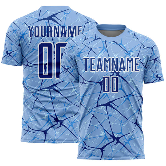 Custom Light Blue Royal-White Abstract Network Crackle Sublimation Soccer Uniform Jersey - Main View